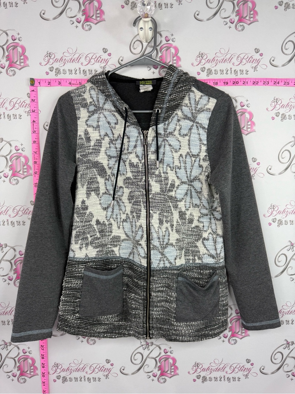 DOLCEZZA sweater hoodie Floral Knit Zip Hoodie in Gray by Dolcetto